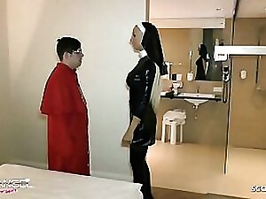 Rubber-clad seduction ensues as a mature dominatrix lures a slender teen into her lair, igniting a fiery encounter filled with fetishistic fervor.